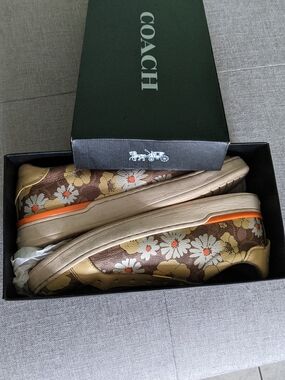 Coach Brown Floral Slip-On Sneakers with Yellow and Orange Accents